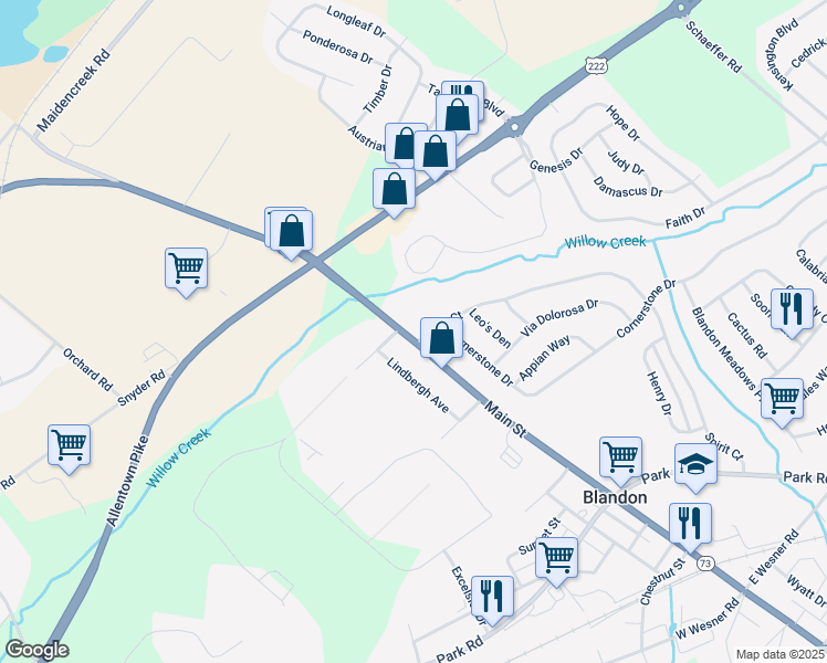 map of restaurants, bars, coffee shops, grocery stores, and more near 25 Spirit Court in Blandon