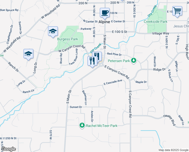 map of restaurants, bars, coffee shops, grocery stores, and more near 471 Alpine Highway in Alpine