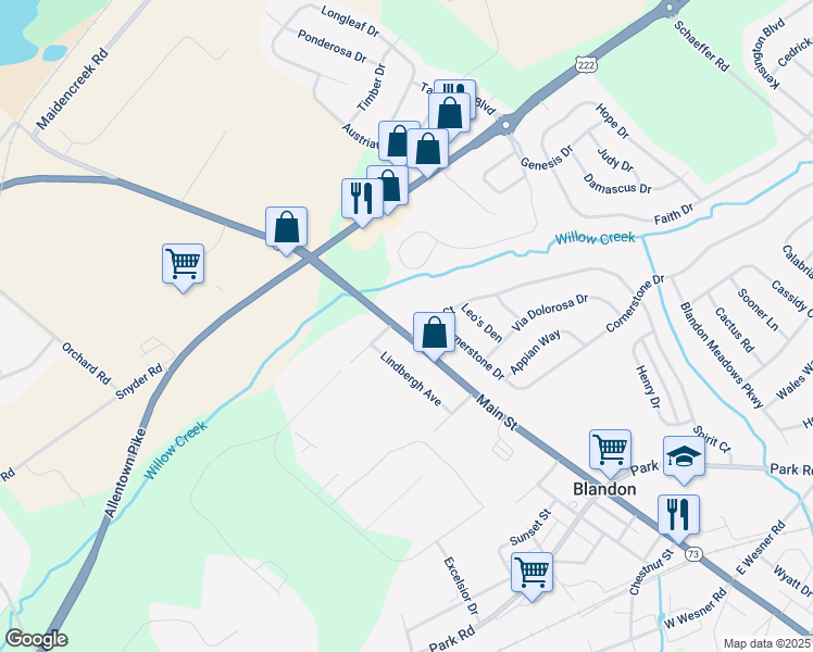 map of restaurants, bars, coffee shops, grocery stores, and more near 25 Spirit Court in Blandon