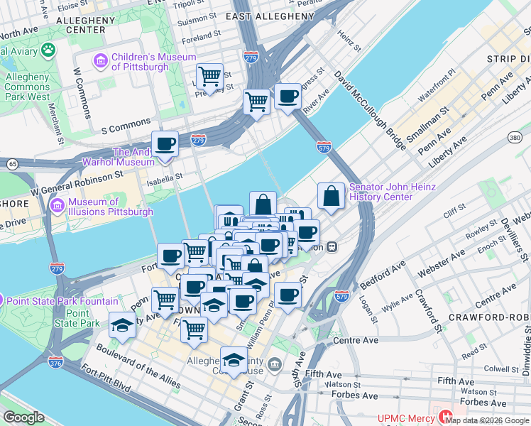 map of restaurants, bars, coffee shops, grocery stores, and more near 1000 Fort Duquesne Boulevard in Pittsburgh