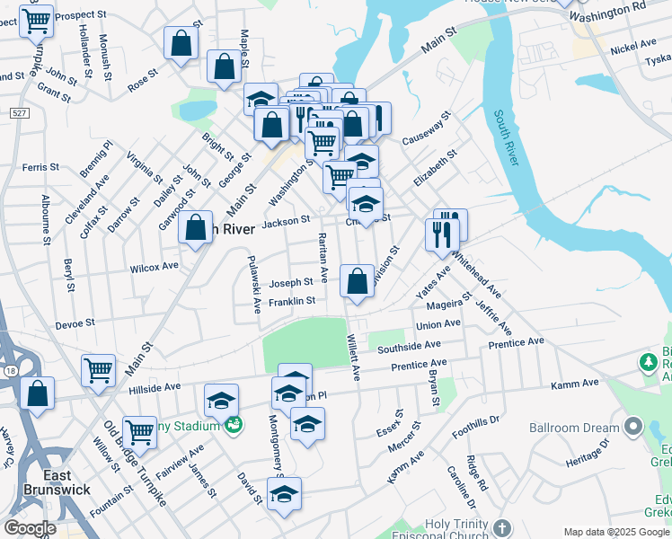 map of restaurants, bars, coffee shops, grocery stores, and more near in South River