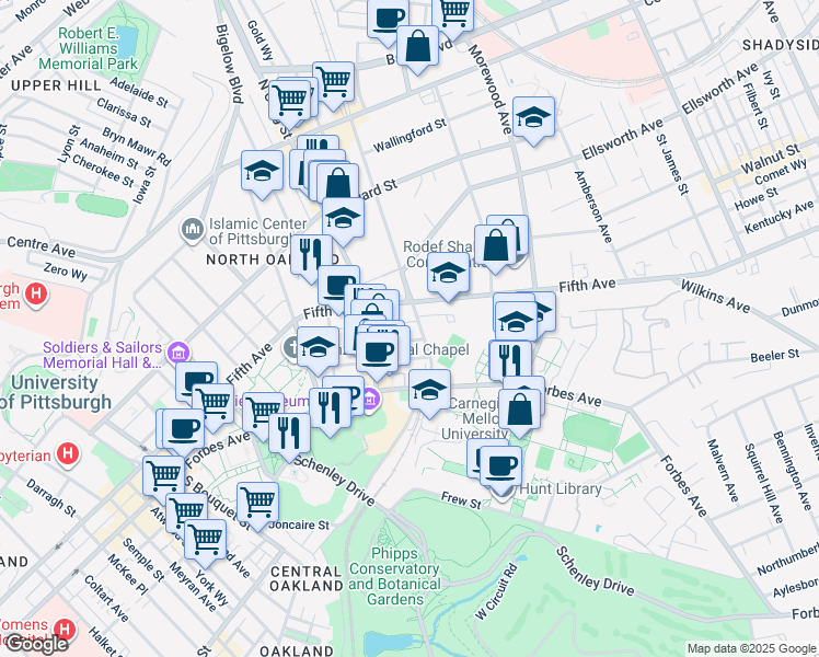 map of restaurants, bars, coffee shops, grocery stores, and more near 218 South Neville Street in Pittsburgh