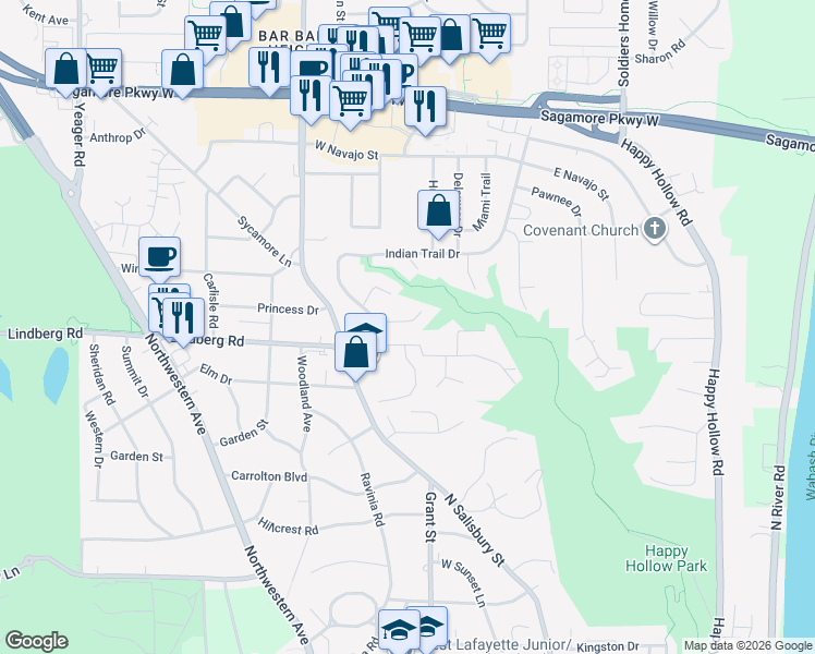 map of restaurants, bars, coffee shops, grocery stores, and more near 404 East Lindberg Avenue in West Lafayette