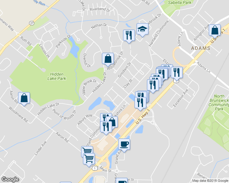 map of restaurants, bars, coffee shops, grocery stores, and more near 457 Northam Drive in North Brunswick
