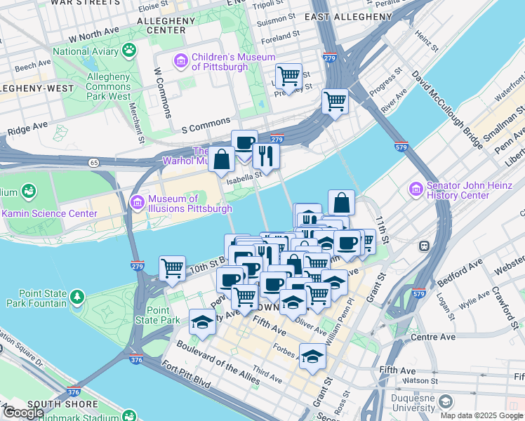 map of restaurants, bars, coffee shops, grocery stores, and more near Andy Warhol Bridge in Pittsburgh