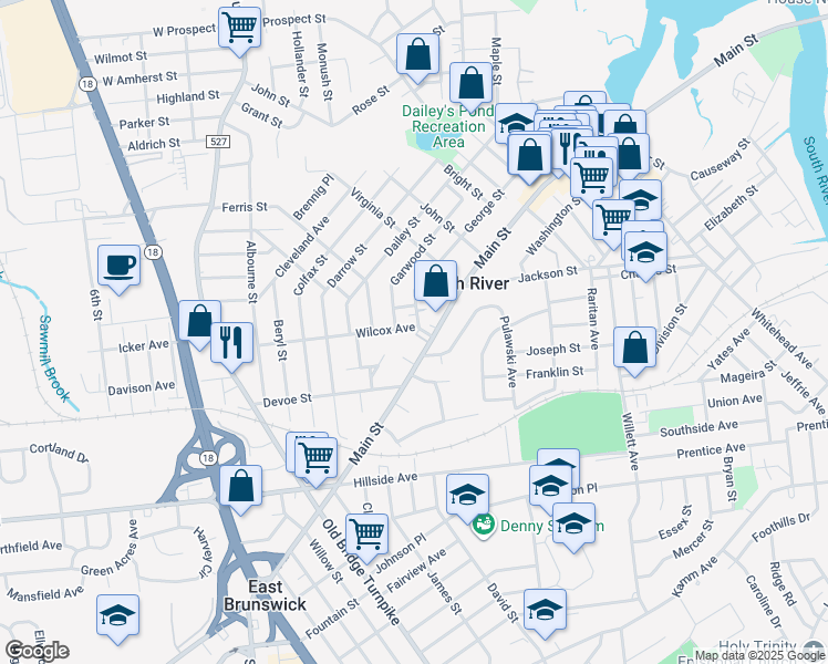 map of restaurants, bars, coffee shops, grocery stores, and more near 3 Wilcox Avenue in South River