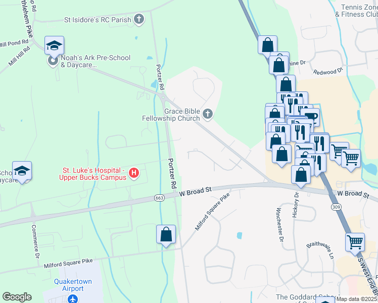 map of restaurants, bars, coffee shops, grocery stores, and more near 148 Stonegate Village in Quakertown