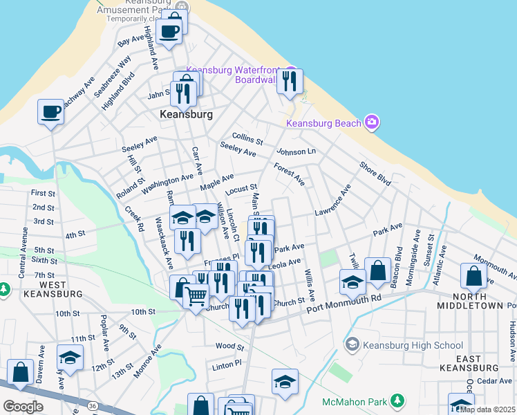 map of restaurants, bars, coffee shops, grocery stores, and more near 157 Main Street in Keansburg