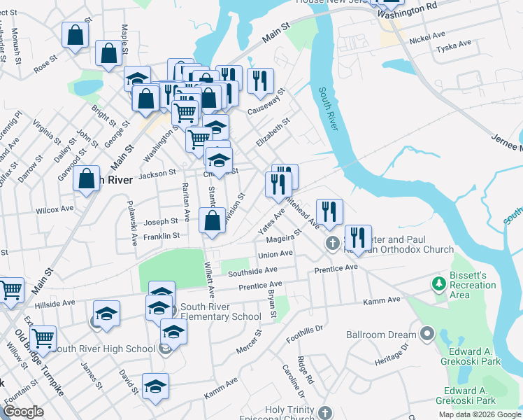 map of restaurants, bars, coffee shops, grocery stores, and more near 17 Spring Street in South River