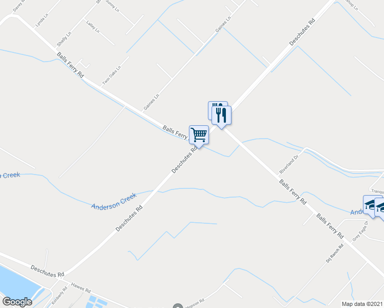 map of restaurants, bars, coffee shops, grocery stores, and more near 5463 Deschutes Road in Anderson