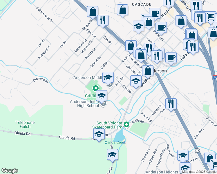 map of restaurants, bars, coffee shops, grocery stores, and more near 1646 Ferry Street in Anderson