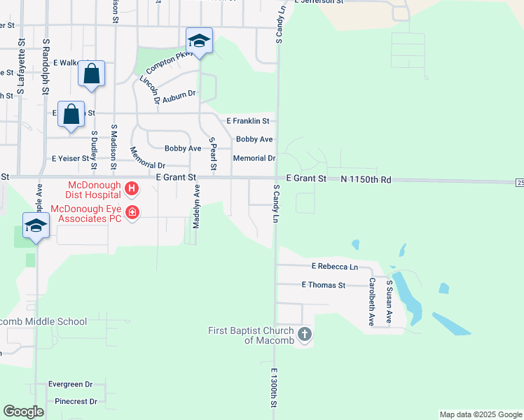 map of restaurants, bars, coffee shops, grocery stores, and more near Shady Lane in Macomb
