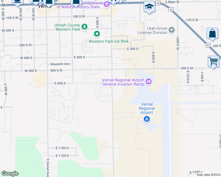 map of restaurants, bars, coffee shops, grocery stores, and more near 492 640 South in Vernal