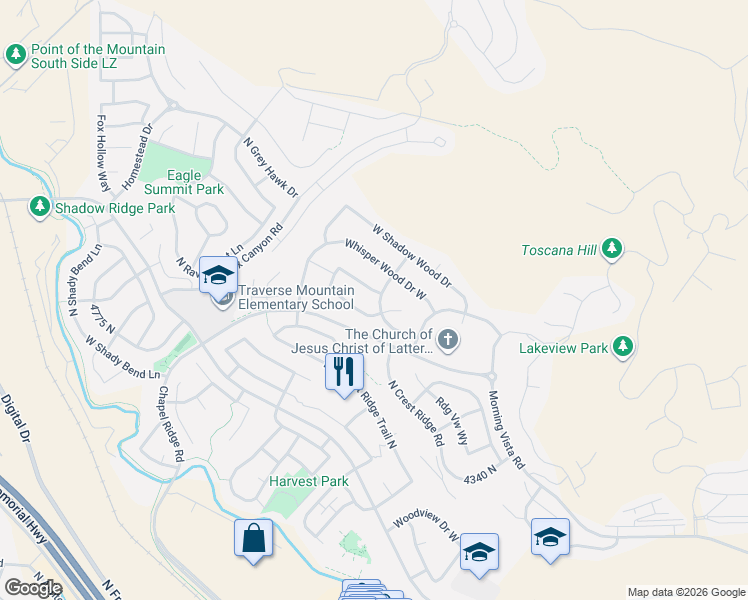 map of restaurants, bars, coffee shops, grocery stores, and more near 4768 Woodberry Drive in Lehi