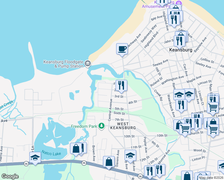 map of restaurants, bars, coffee shops, grocery stores, and more near 51 3rd Street in Keansburg