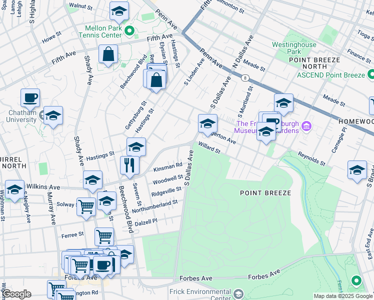 map of restaurants, bars, coffee shops, grocery stores, and more near 619 Worth Street in Pittsburgh