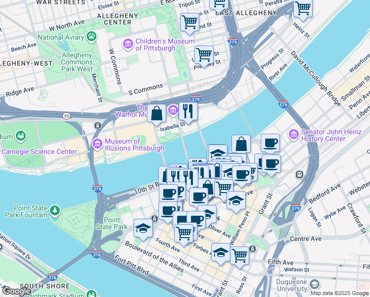 map of restaurants, bars, coffee shops, grocery stores, and more near Andy Warhol Bridge in Pittsburgh