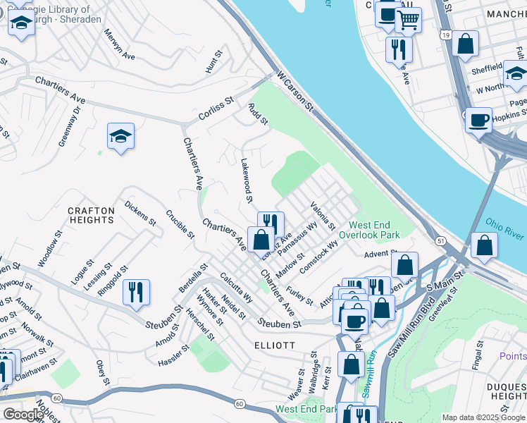 map of restaurants, bars, coffee shops, grocery stores, and more near 1036 Lakewood Street in Pittsburgh
