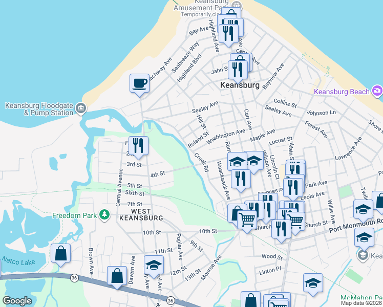 map of restaurants, bars, coffee shops, grocery stores, and more near 115 Creek Road in Keansburg
