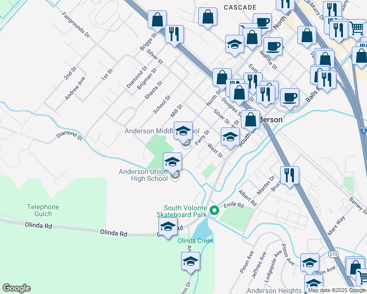 map of restaurants, bars, coffee shops, grocery stores, and more near 1646 Ferry Street in Anderson