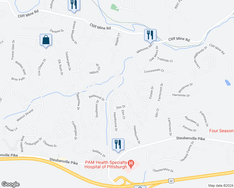 map of restaurants, bars, coffee shops, grocery stores, and more near 2561 Hawthorne Drive in Oakdale
