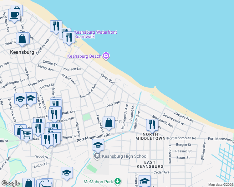 map of restaurants, bars, coffee shops, grocery stores, and more near 12 Orchard Street in Keansburg