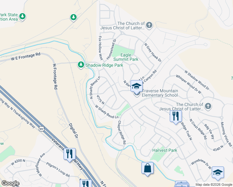 map of restaurants, bars, coffee shops, grocery stores, and more near 4782 North Shady View Lane in Lehi