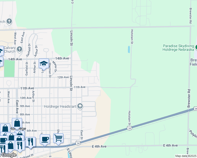 map of restaurants, bars, coffee shops, grocery stores, and more near 1616 12th Avenue in Holdrege