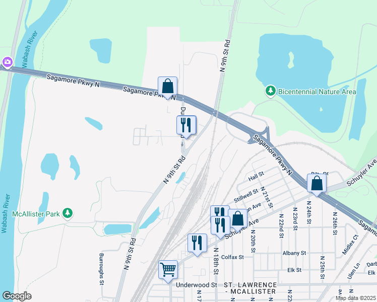 map of restaurants, bars, coffee shops, grocery stores, and more near North 9th Street Road in Lafayette
