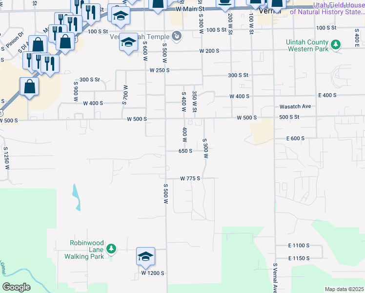 map of restaurants, bars, coffee shops, grocery stores, and more near 391 650 South in Vernal