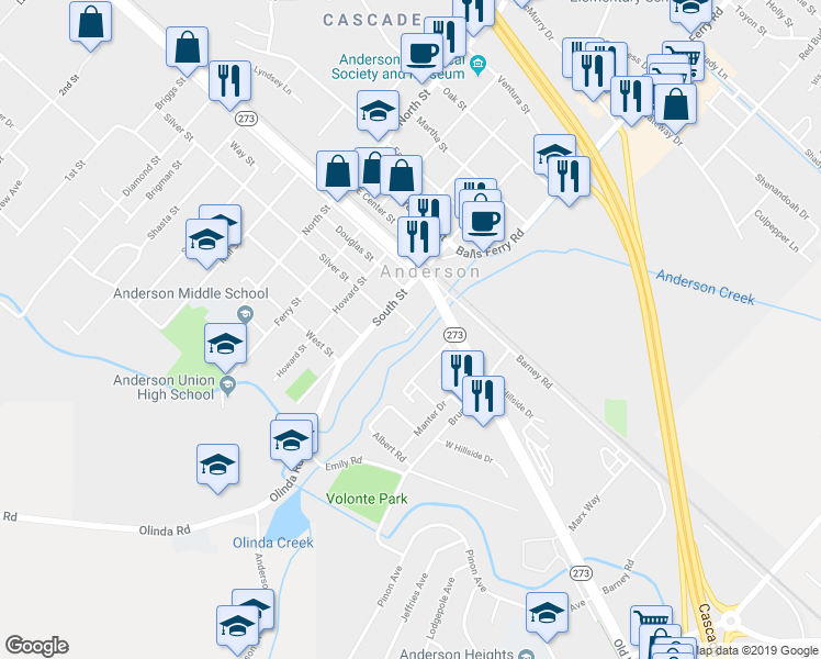 map of restaurants, bars, coffee shops, grocery stores, and more near 2678 Sycamore Lane in Anderson