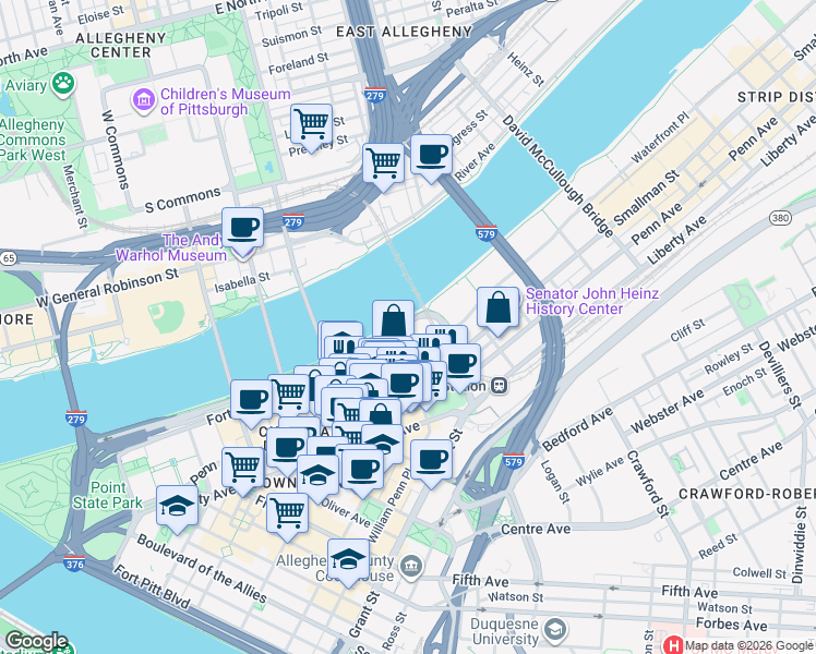 map of restaurants, bars, coffee shops, grocery stores, and more near 1000 Fort Duquesne Boulevard in Pittsburgh