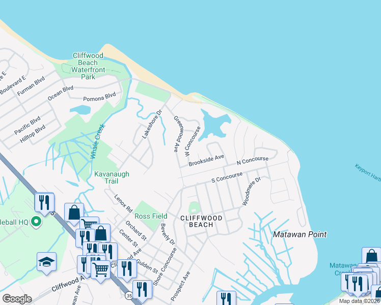map of restaurants, bars, coffee shops, grocery stores, and more near 854 Brookside Avenue in Keyport