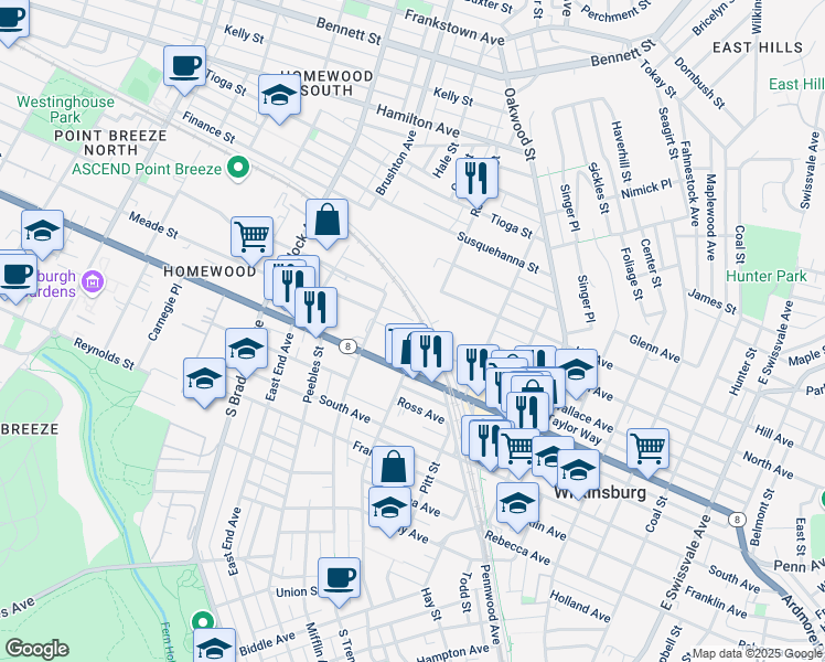 map of restaurants, bars, coffee shops, grocery stores, and more near 333 Penn Avenue in Pittsburgh