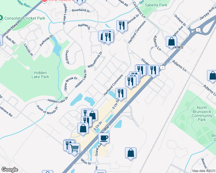 map of restaurants, bars, coffee shops, grocery stores, and more near 1 Kingston Run in North Brunswick Township