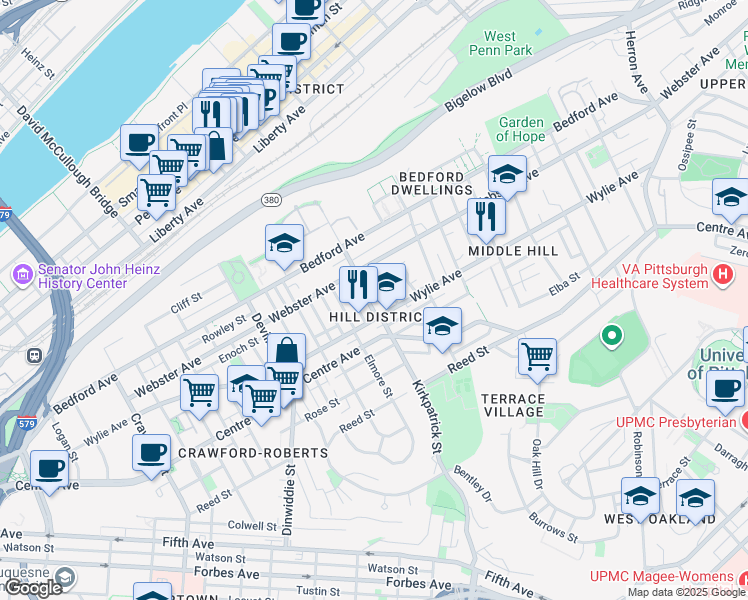 map of restaurants, bars, coffee shops, grocery stores, and more near in Pittsburgh