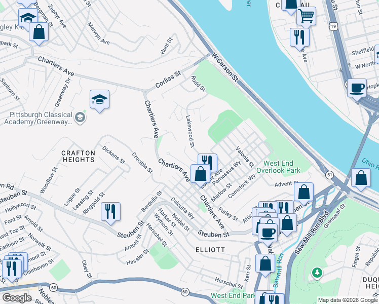 map of restaurants, bars, coffee shops, grocery stores, and more near 1112 Strahley Place in Pittsburgh