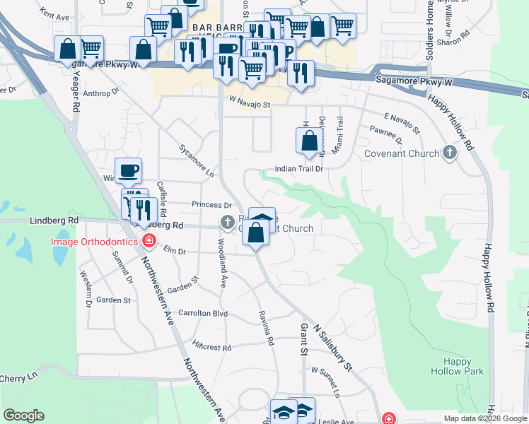 map of restaurants, bars, coffee shops, grocery stores, and more near 1901 Indian Trail Drive in West Lafayette
