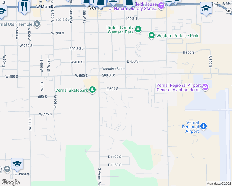 map of restaurants, bars, coffee shops, grocery stores, and more near 1033 South 100 East in Vernal