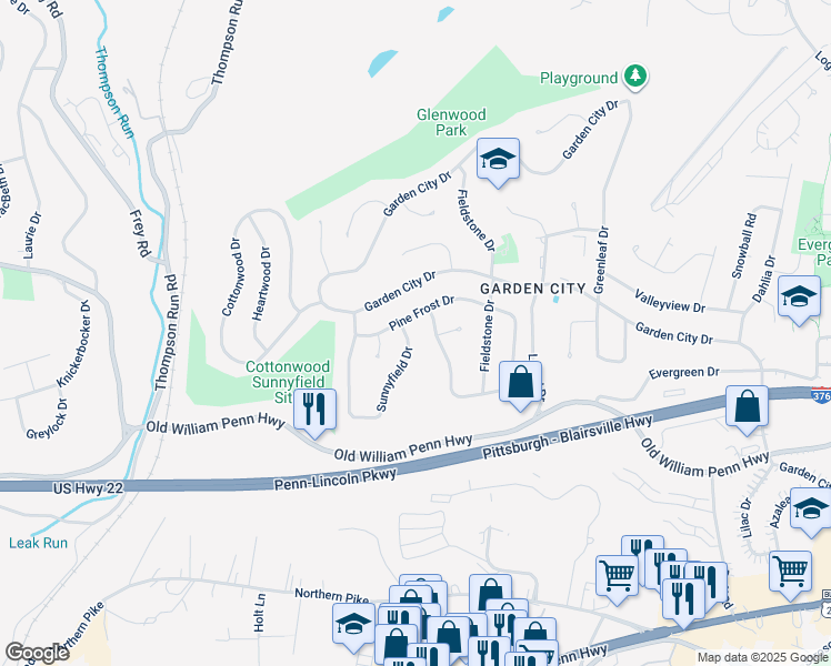 map of restaurants, bars, coffee shops, grocery stores, and more near 577 Sunnyfield Drive in Monroeville