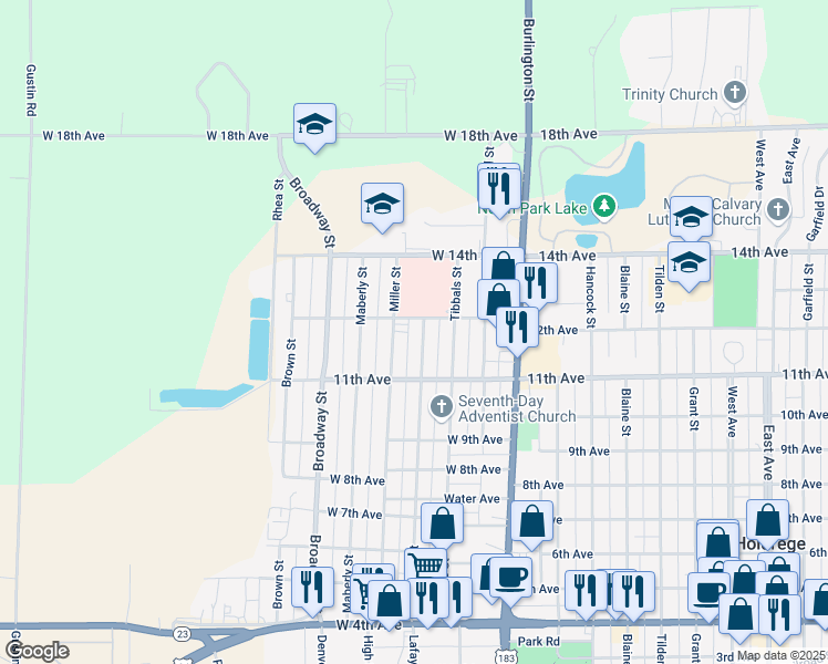 map of restaurants, bars, coffee shops, grocery stores, and more near 1100-1198 Miller Street in Holdrege