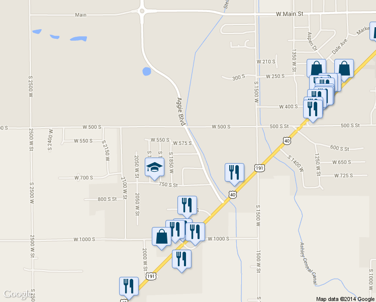 map of restaurants, bars, coffee shops, grocery stores, and more near 1788 West 625 South in Vernal