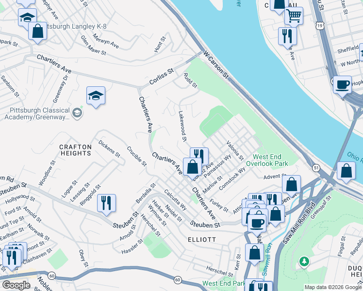 map of restaurants, bars, coffee shops, grocery stores, and more near 1112 Strahley Place in Pittsburgh