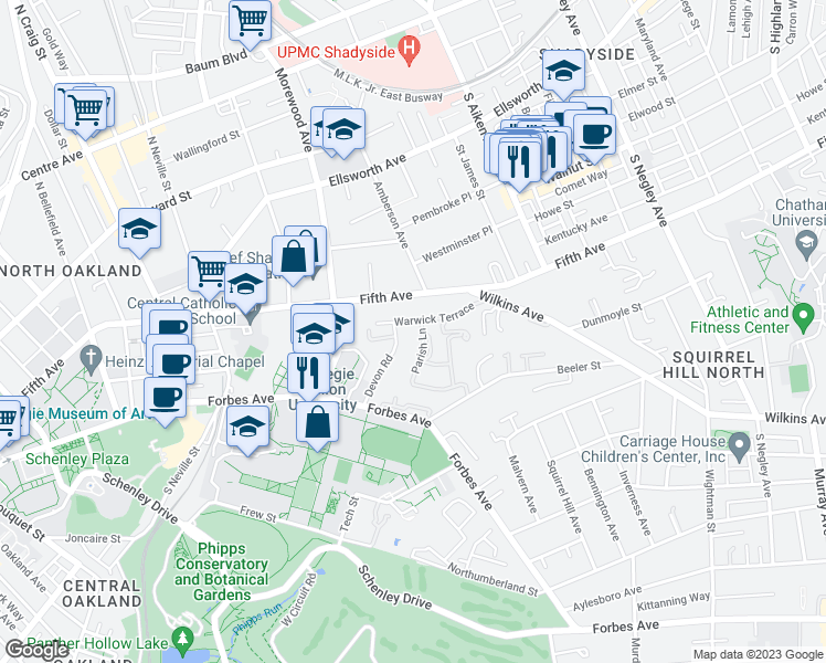 map of restaurants, bars, coffee shops, grocery stores, and more near 5078 Warwick Terrace in Pittsburgh