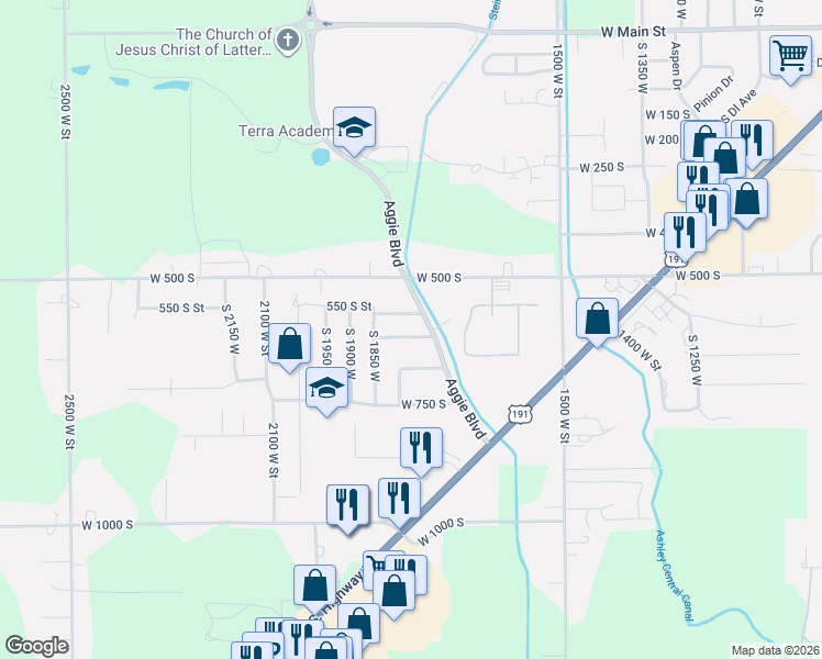 map of restaurants, bars, coffee shops, grocery stores, and more near 1788 West 625 South in Vernal