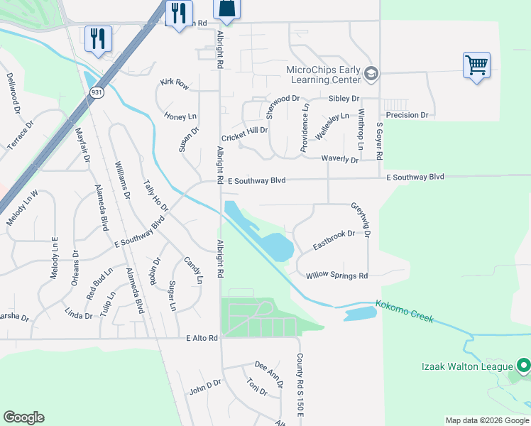 map of restaurants, bars, coffee shops, grocery stores, and more near 1905 Greytwig Drive in Kokomo