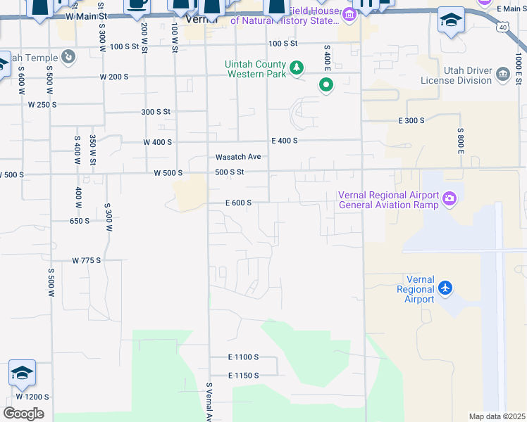 map of restaurants, bars, coffee shops, grocery stores, and more near 210 East 600 South in Vernal