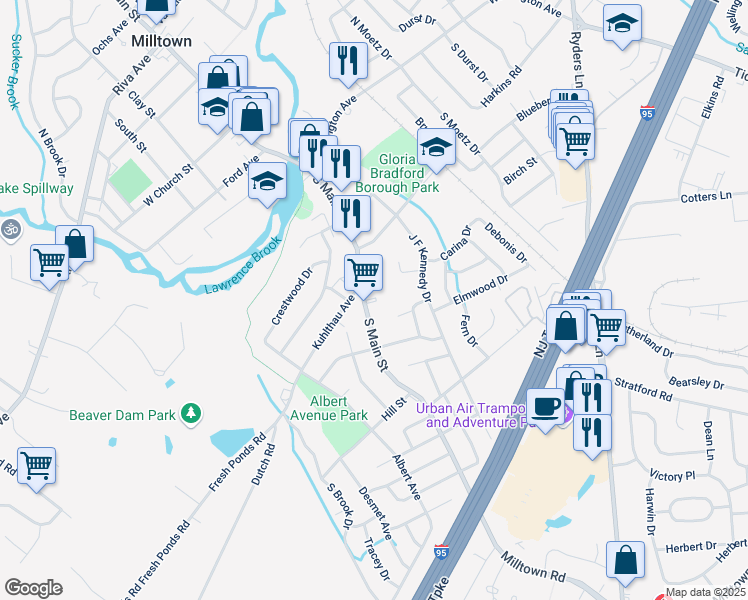 map of restaurants, bars, coffee shops, grocery stores, and more near 177 South Main Street in Milltown