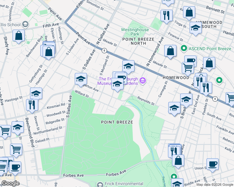 map of restaurants, bars, coffee shops, grocery stores, and more near 7128 Edgerton Avenue in Pittsburgh