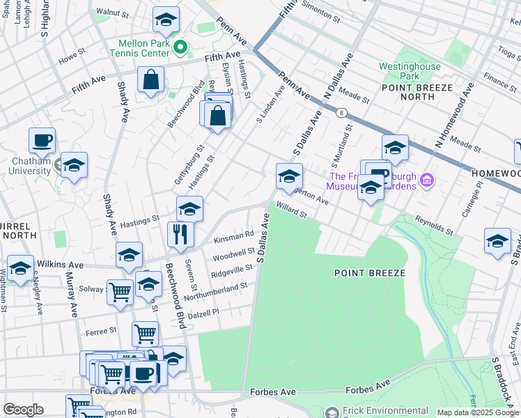 map of restaurants, bars, coffee shops, grocery stores, and more near 619 Worth Street in Pittsburgh